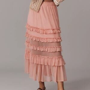 XL | Anthropologie | NWT | Maeve Ruffled Tulle Tiered Midi Skirt | Pink